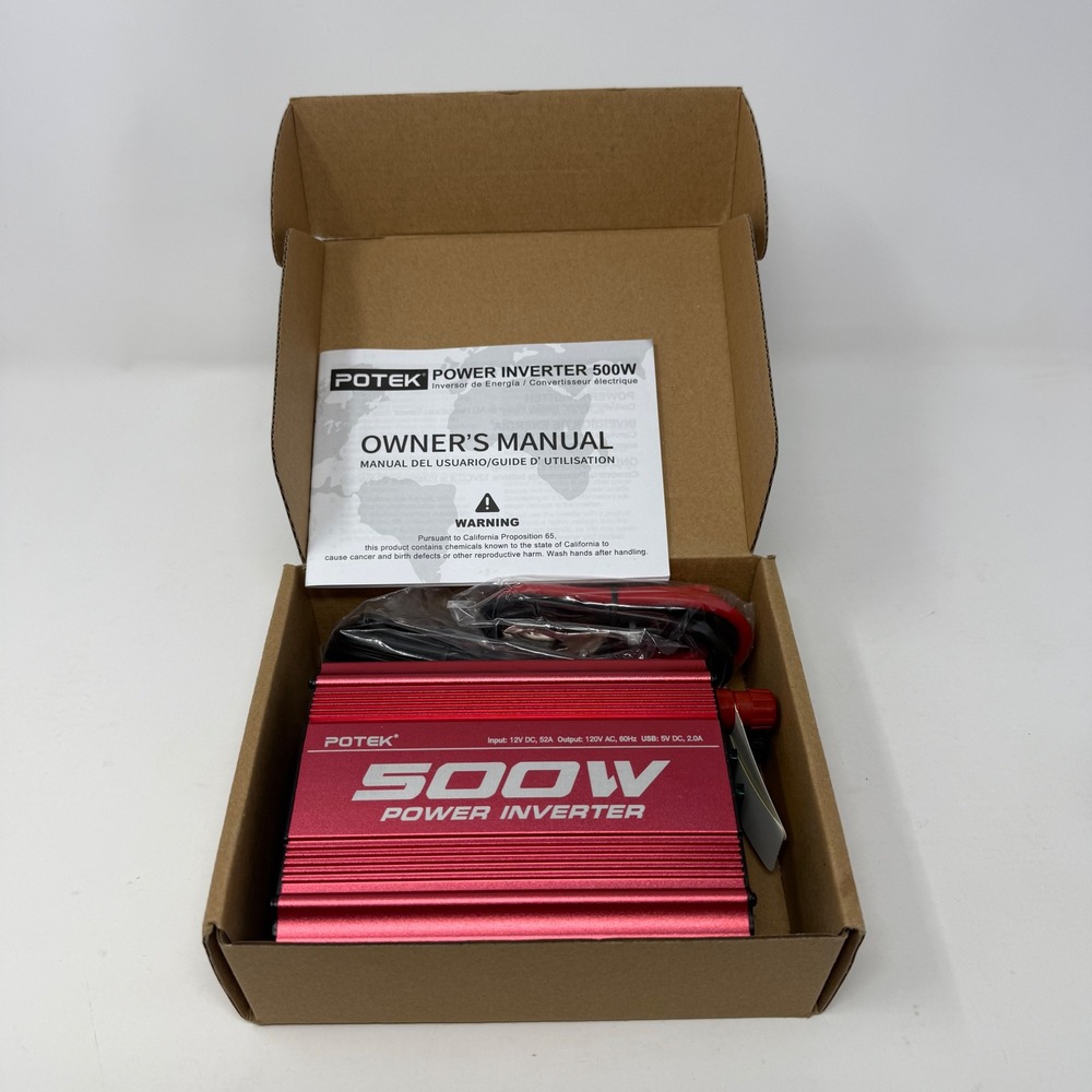 Potek 500W Car Power Inverter 12V DC to 120V AC Dual Outlets USB PI500-AP Red